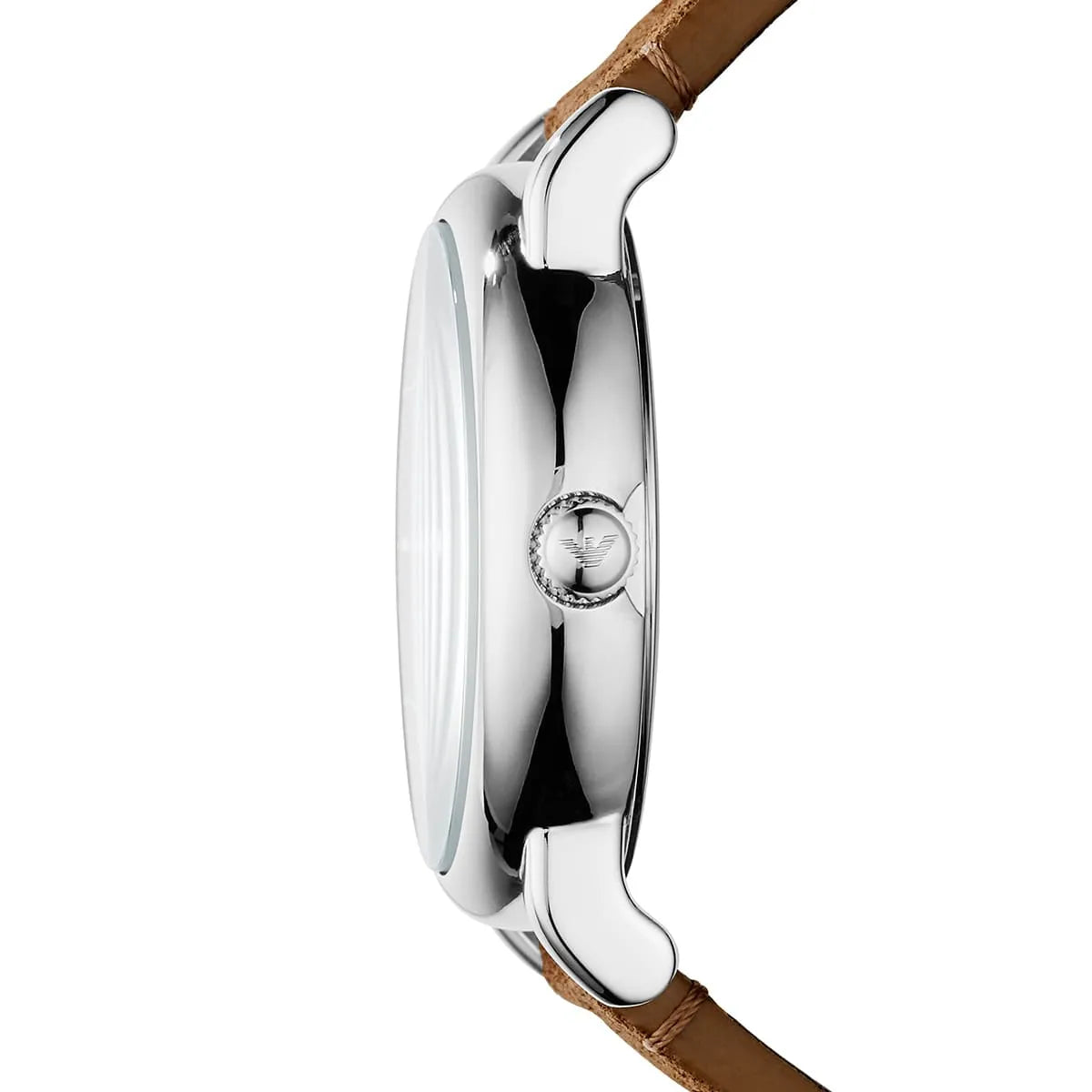 Emporio Armani Luigi watch side profile showing stainless steel case and brown leather strap