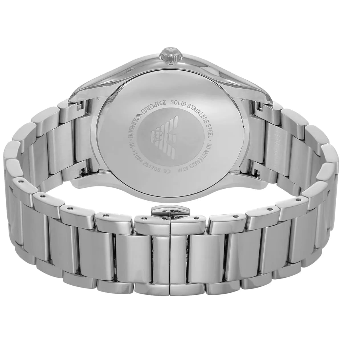 Emporio Armani AR11084 caseback showing solid stainless steel construction and branding