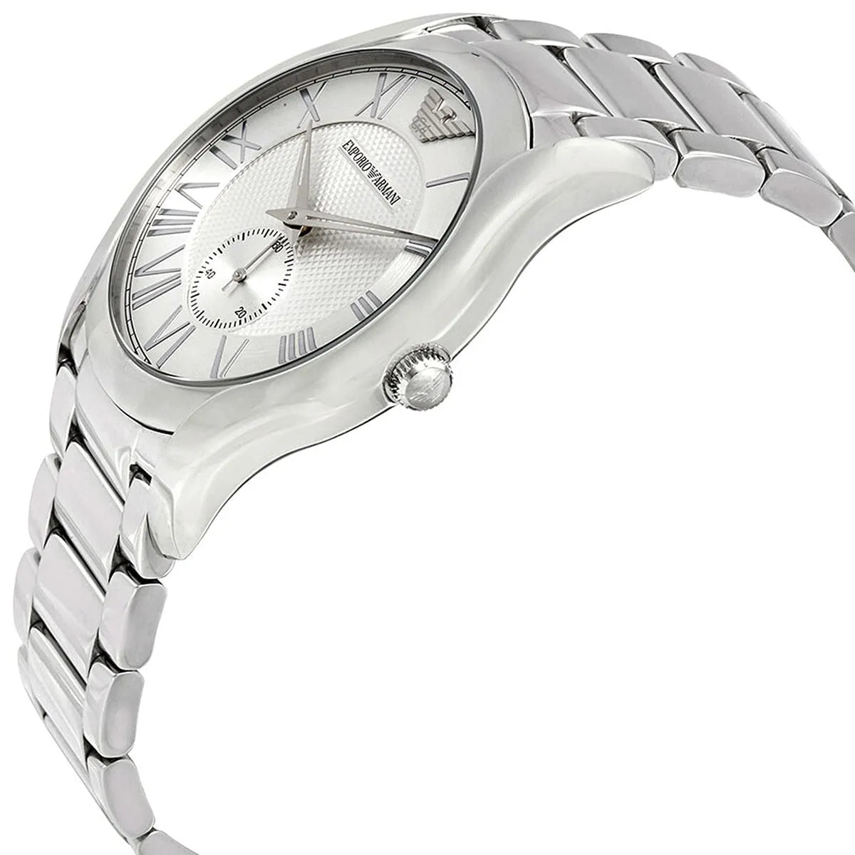 Emporio Armani AR11084 side profile with silver stainless steel bracelet and crown