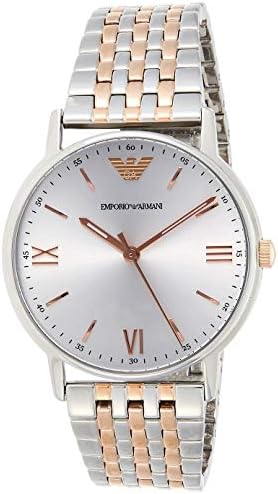 Emporio Armani AR11093 watch angled view showing silver dial and two-tone bracelet