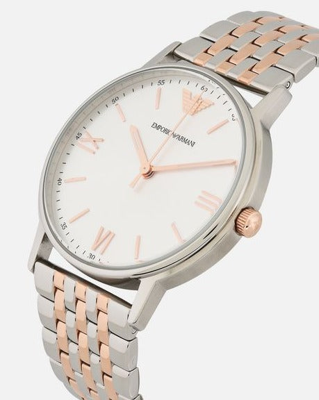 Emporio Armani AR11093 watch worn on wrist, silver dial with rose gold accents visible
