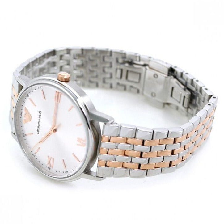 Emporio Armani AR11093 watch side view showing two-tone stainless steel bracelet and clasp