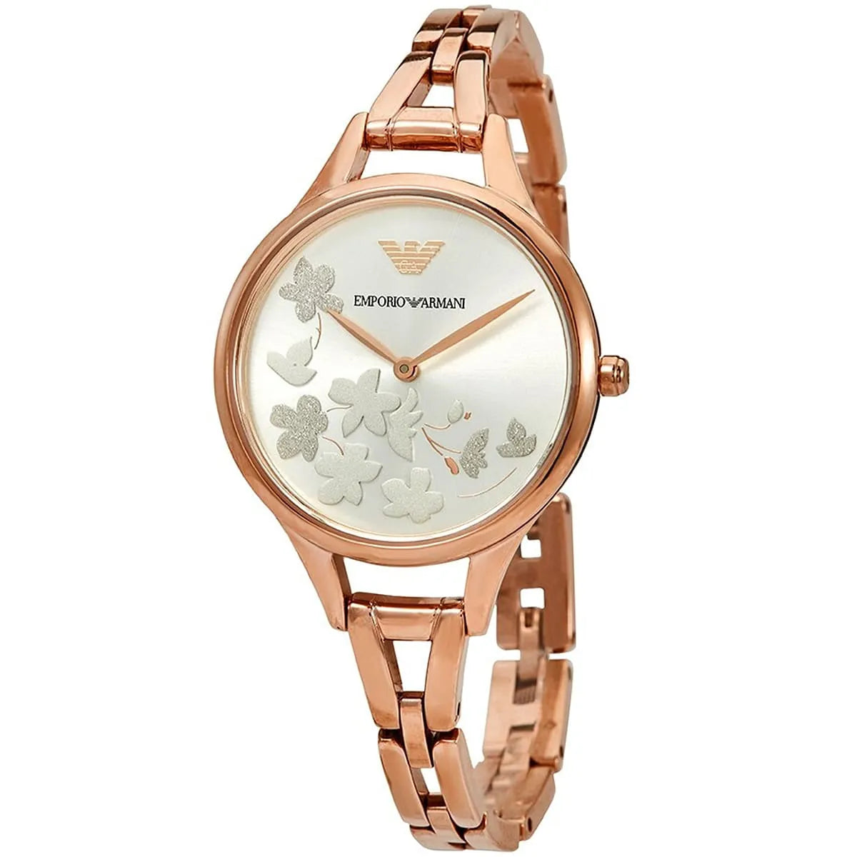 Side angle view of Emporio Armani Aurora watch with floral dial design and rose gold bracelet