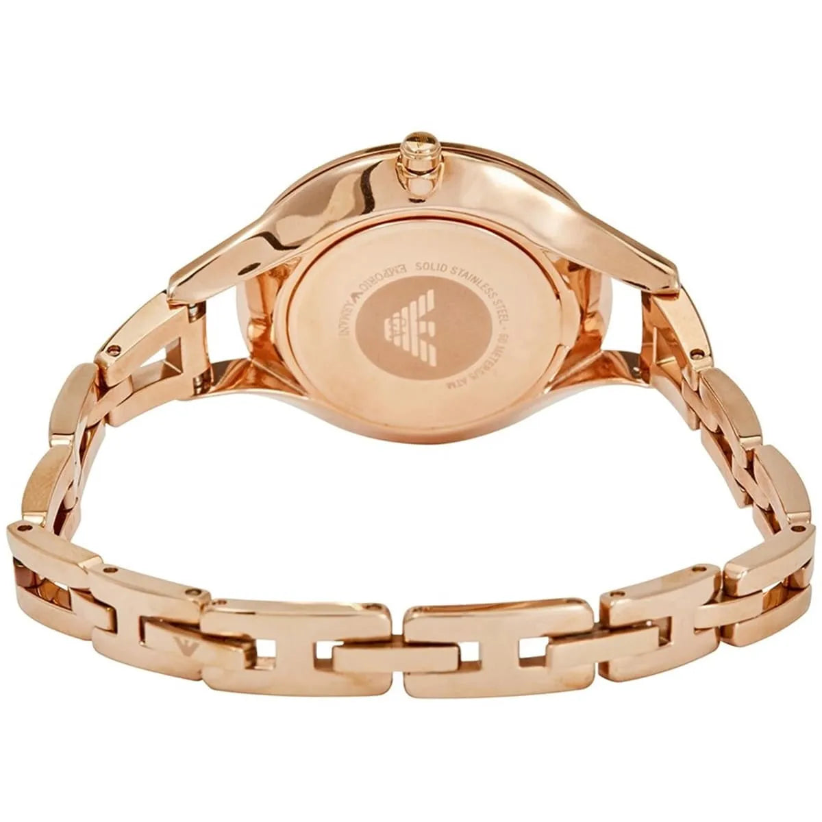 Emporio Armani Aurora watch caseback showing rose gold steel with eagle logo engraving