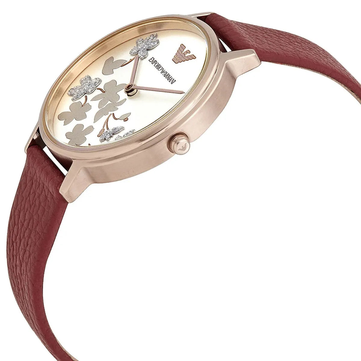 Emporio Armani Kappa AR11114 side angled view showing rose gold case, white floral dial, and red leather strap