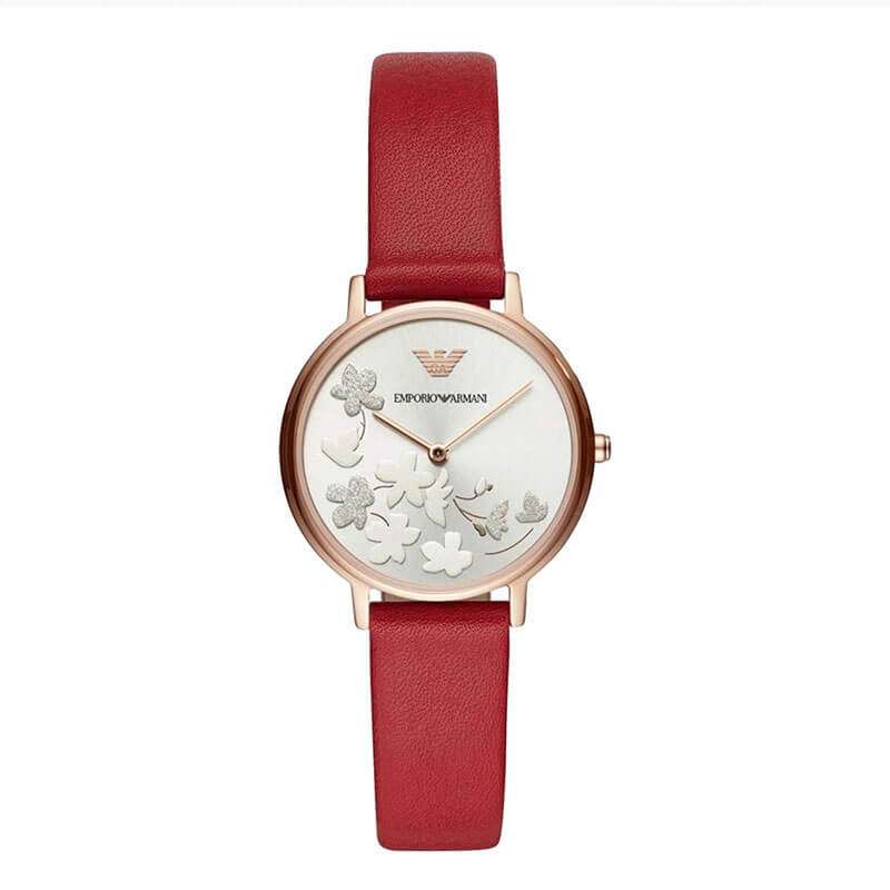 Emporio Armani Kappa AR11114 women's watch with white dial, silver floral motif, rose gold bezel, red strap