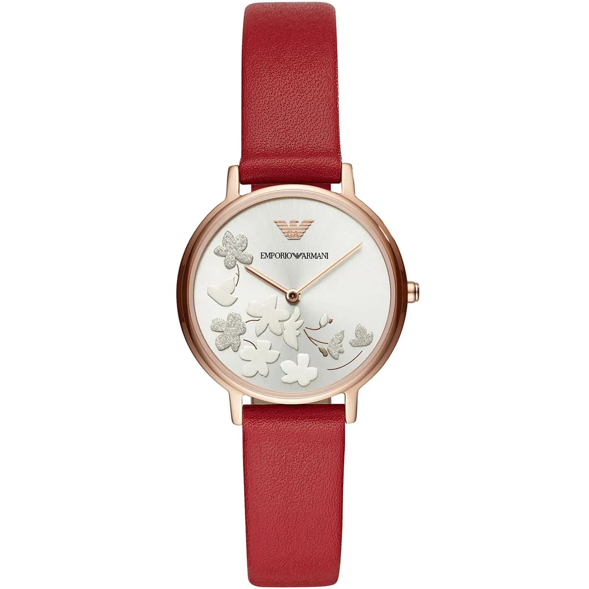 Emporio Armani Kappa AR11114 quartz watch featuring white dial with flowers, rose gold case, burgundy leather strap