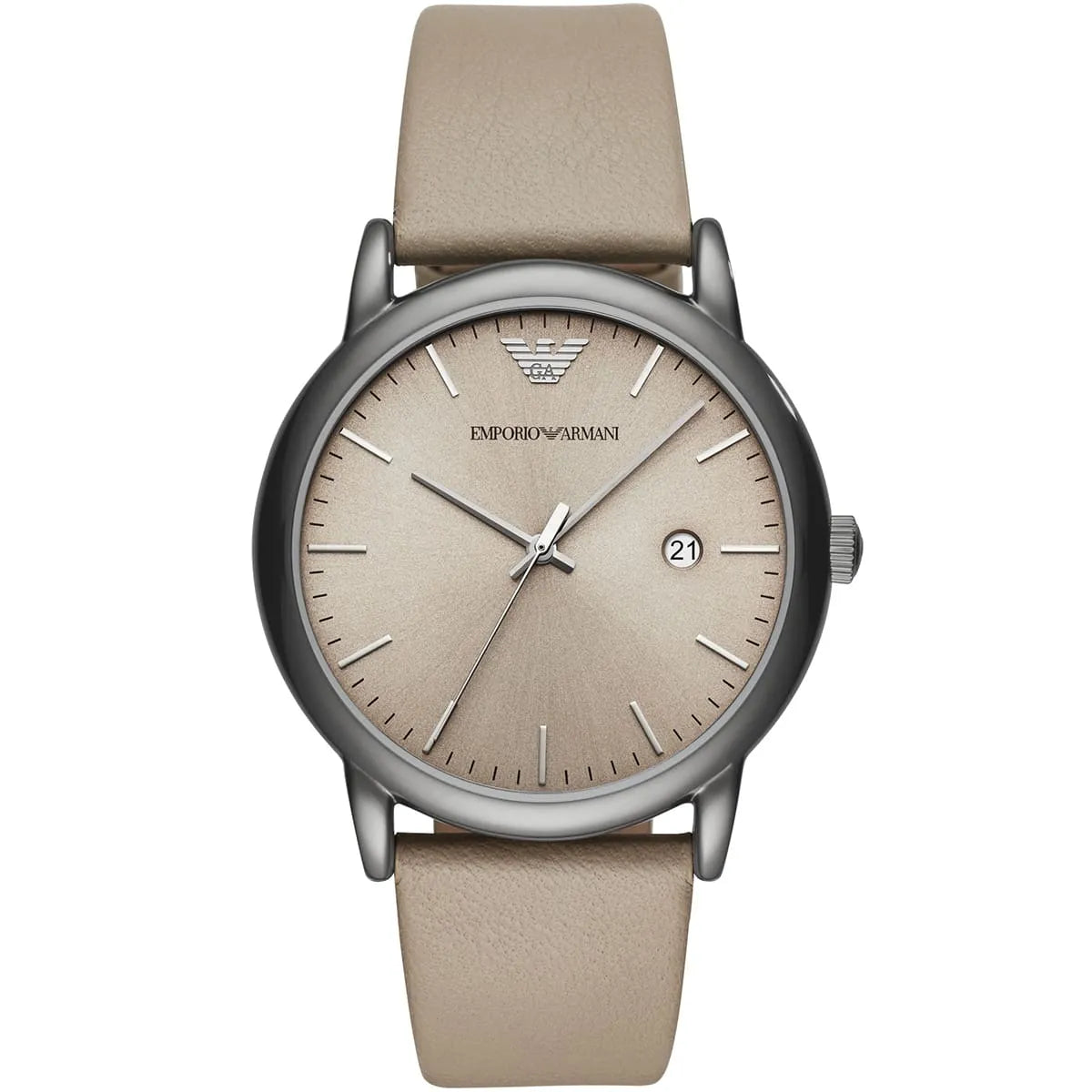Emporio Armani AR11116 men's watch with gray dial, taupe leather strap, and date window