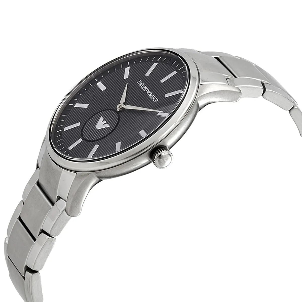 Side profile of Emporio Armani Luigi AR11118 watch showing stainless steel case and bracelet
