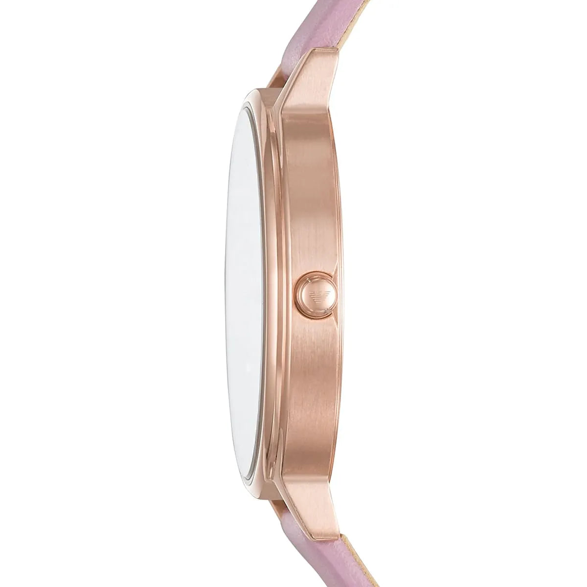 Emporio Armani AR11130 watch side profile with rose gold case and pink strap