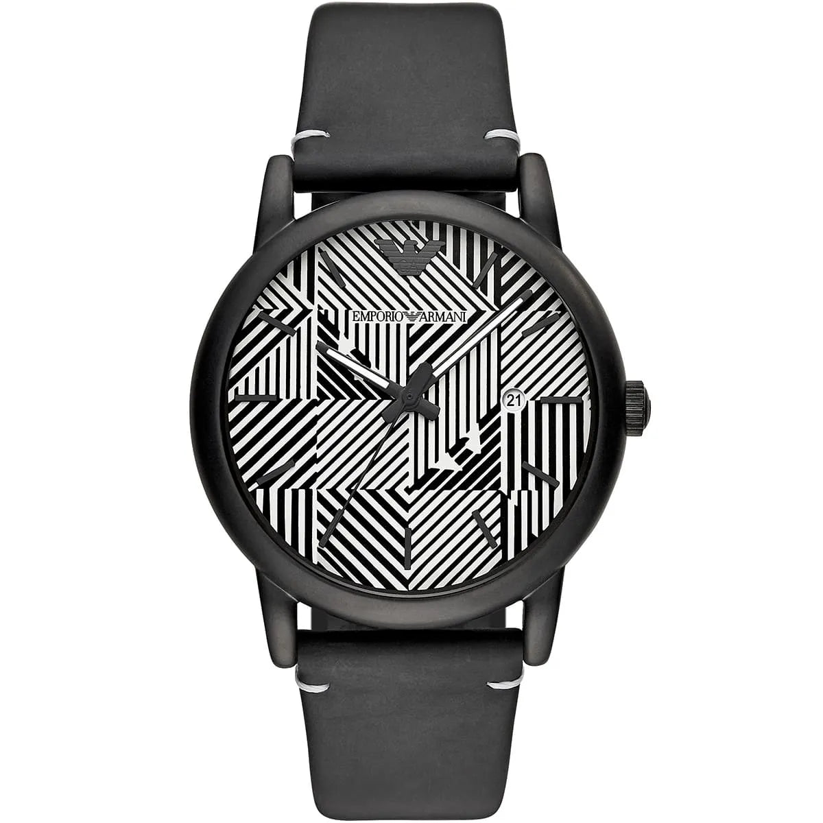 Emporio Armani Luigi Slim AR11136 black watch with geometric white dial and black leather strap