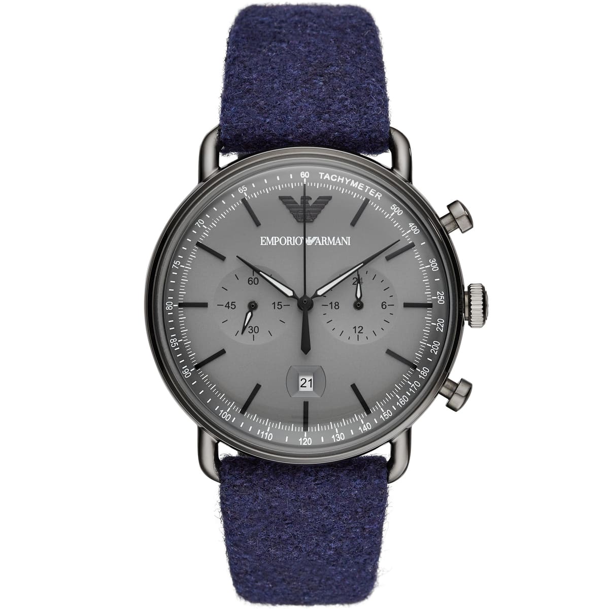 Emporio Armani AR11144 Aviator chronograph watch with grey dial and blue textile strap