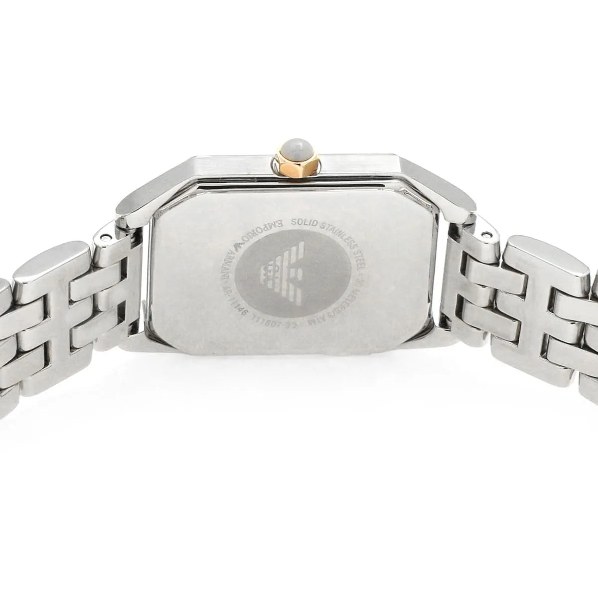 AR11146 caseback detail view of two-tone stainless steel and rose gold construction