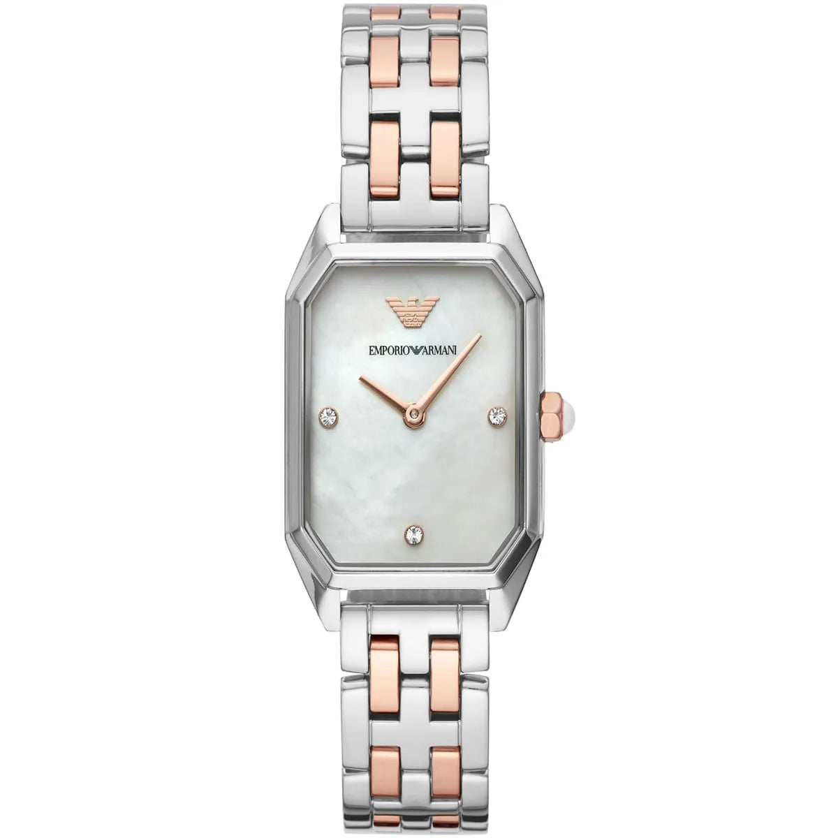 AR11146 Emporio Armani Giola square watch, white dial with rose gold accents and metal strap