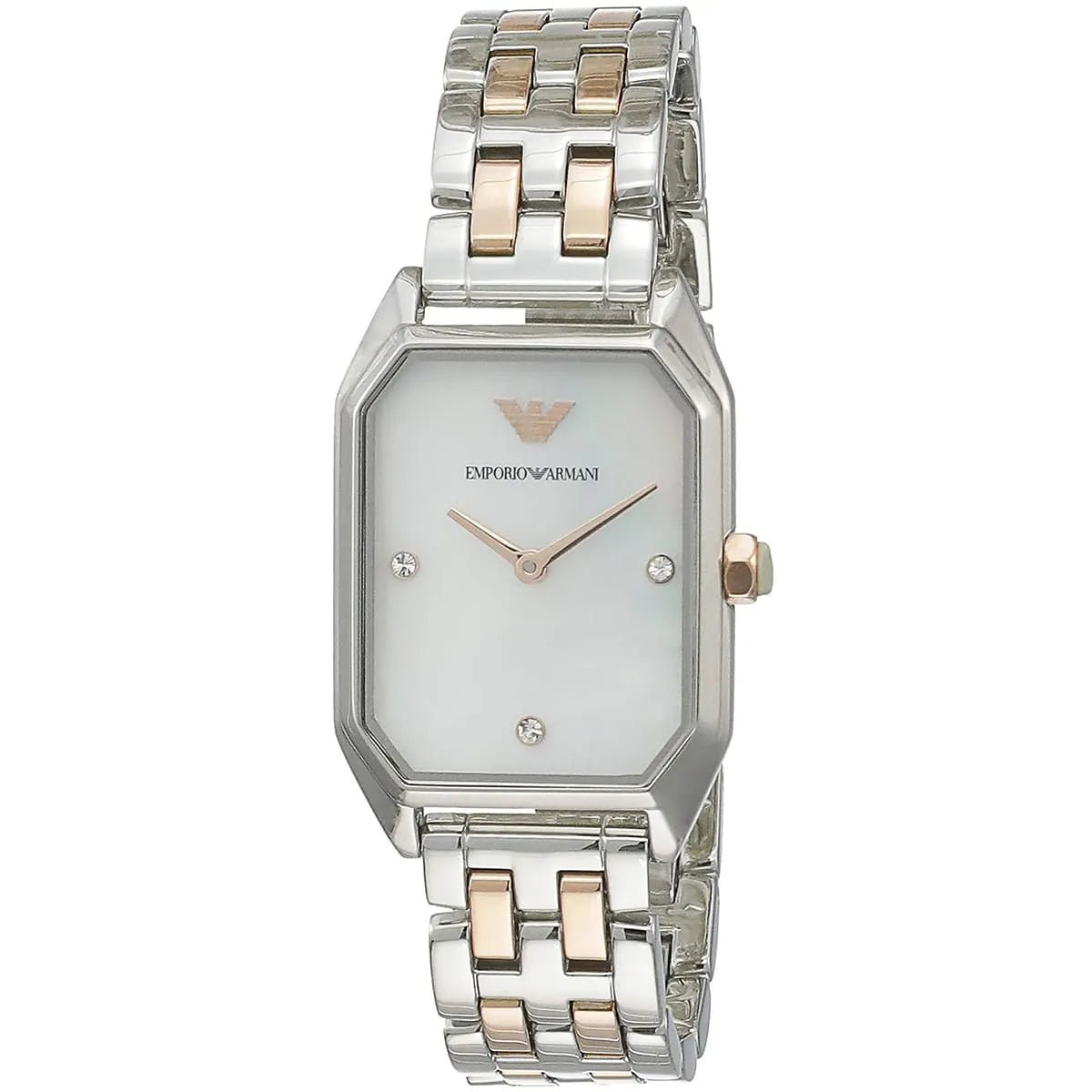 Emporio Armani Giola AR11146 rectangular quartz watch with mother of pearl dial and two-tone bracelet