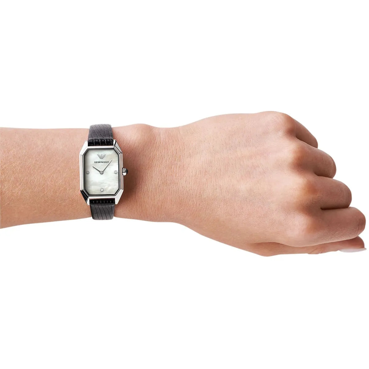 Emporio Armani Gioia watch worn on wrist showing rectangular dial and black leather strap