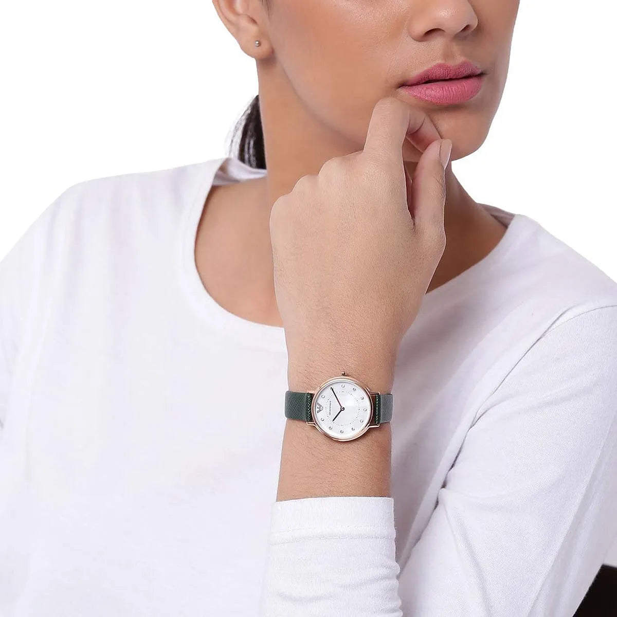 Emporio Armani Kappa AR11150 on wrist with white dial and green leather strap