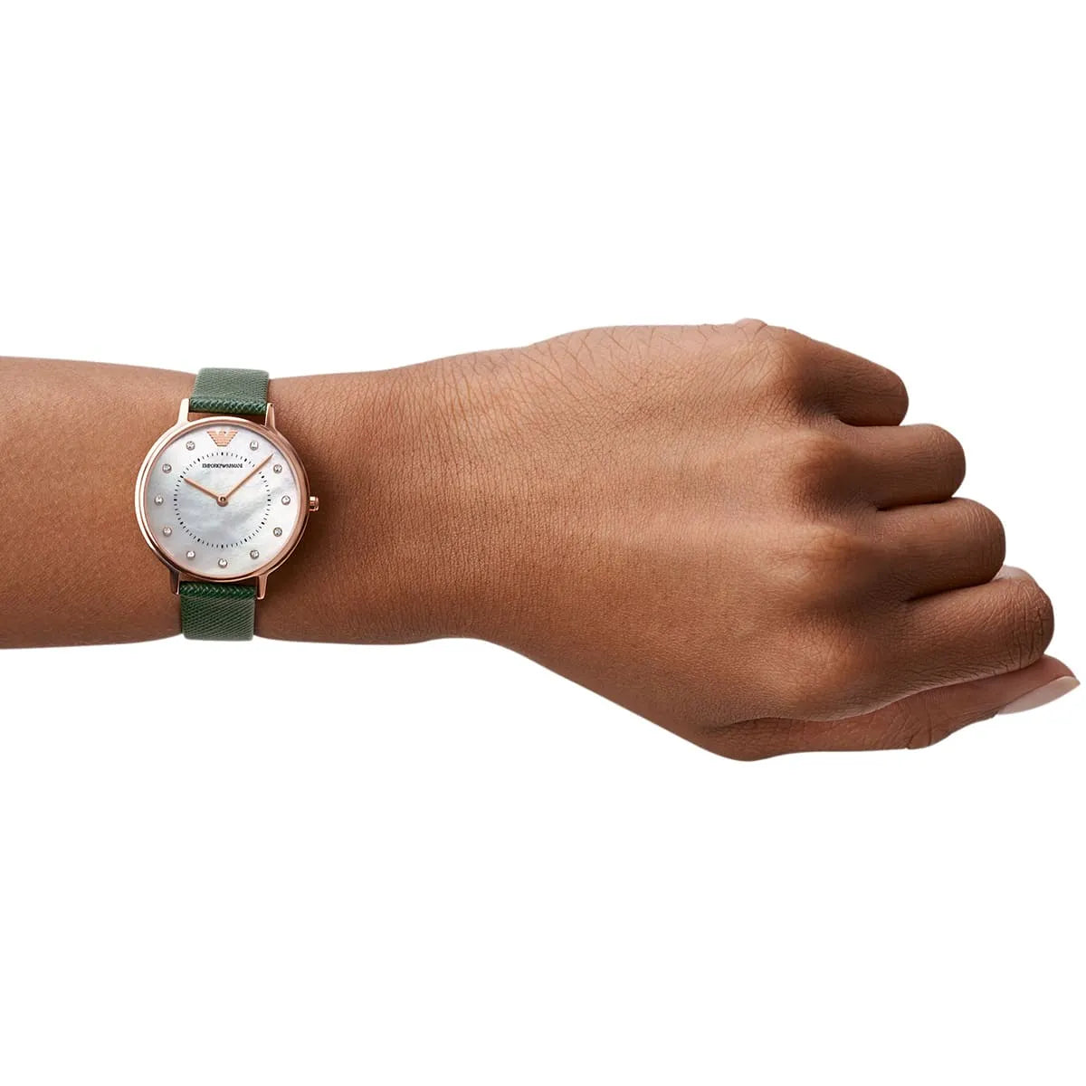 Emporio Armani Kappa AR11150 side profile showing slender case profile and green leather band