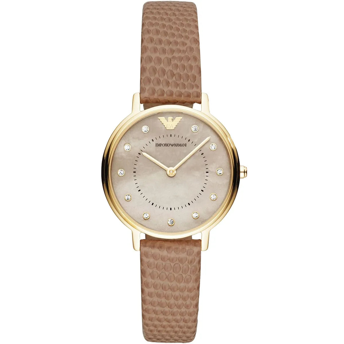 Emporio Armani Kappa watch featuring mother of pearl dial and textured brown leather strap