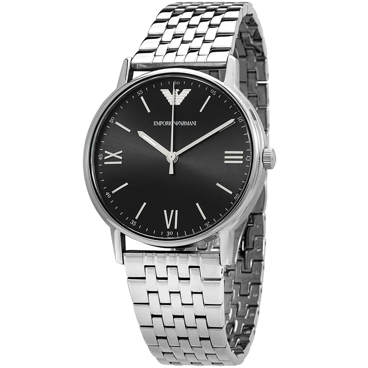 Emporio Armani Kappa AR11152 three-quarter angled view showing black dial and silver metal bracelet
