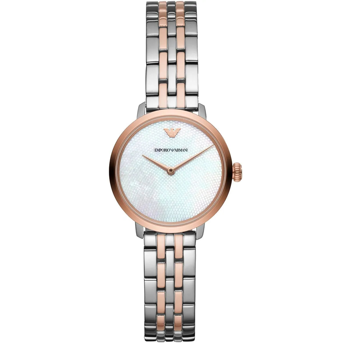 Emporio Armani AR11157 women's watch with white dial, two-tone silver and rose gold stainless steel bracelet