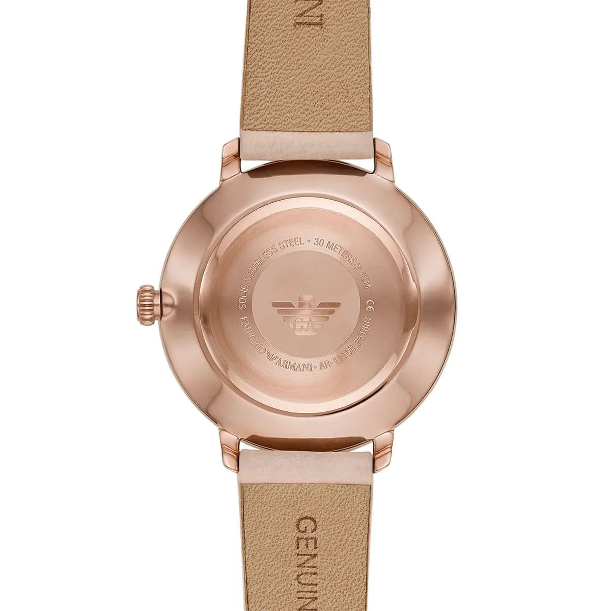 Emporio Armani AR11160 caseback with eagle logo and specifications engraved on rose gold