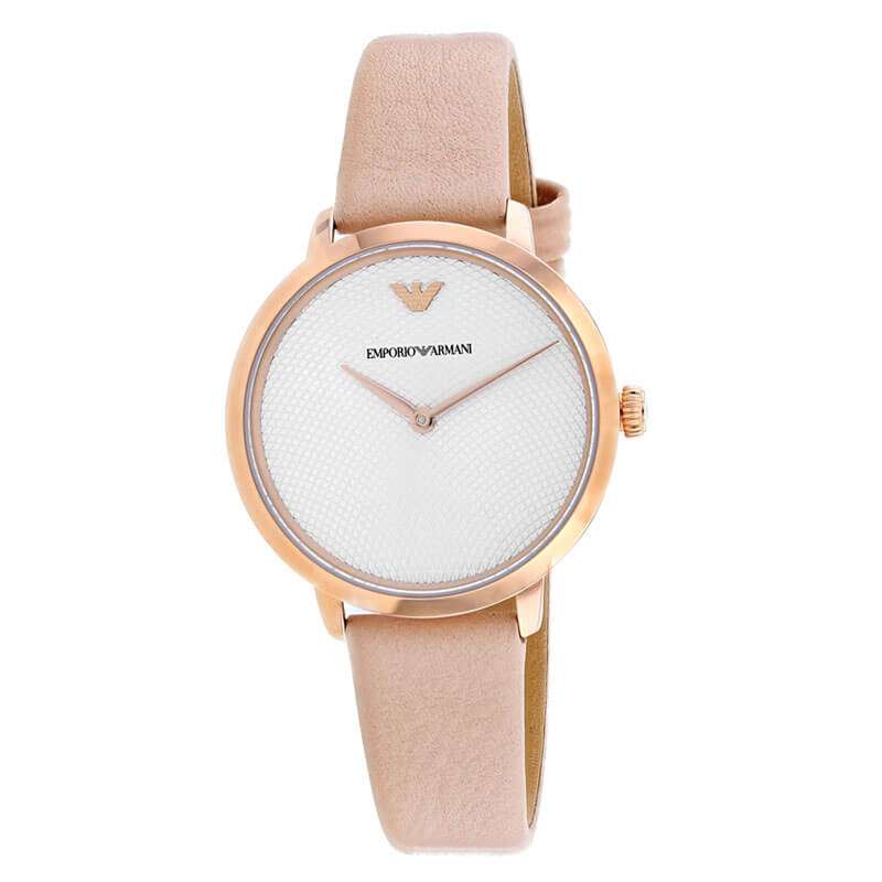 Emporio Armani AR11160 slim watch front view with silver dial and rose gold case