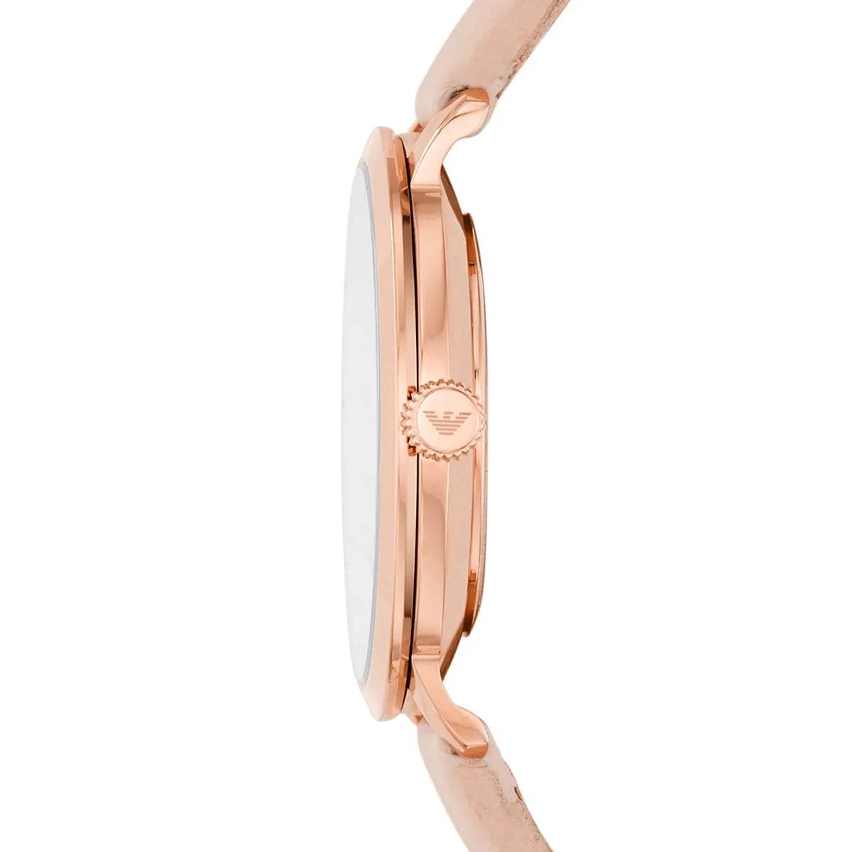 Emporio Armani AR11160 side profile showing rose gold case thickness and pink leather strap