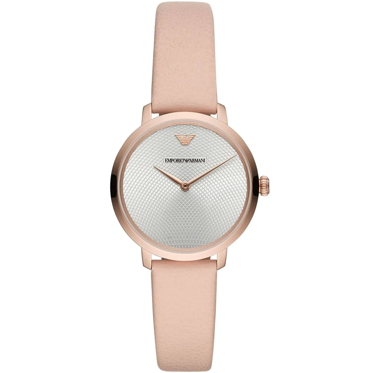 Emporio Armani AR11160 women's watch with silver patterned dial, rose gold case, and pink leather strap
