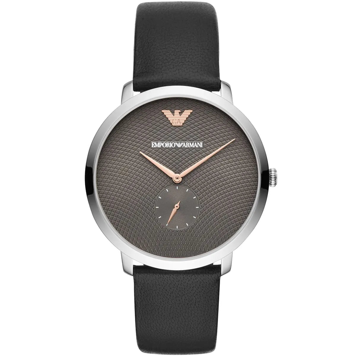 Emporio Armani AR11162 slim watch face with textured grey dial and black leather strap