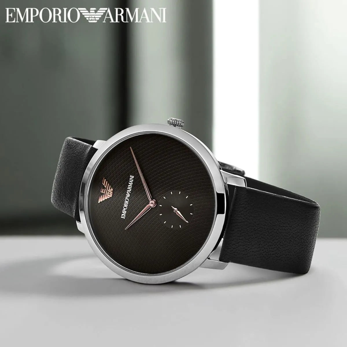 Emporio Armani modern slim men's watch with grey dial and black leather strap