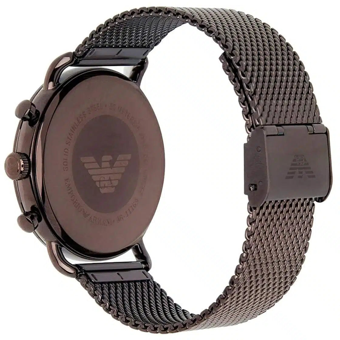 Emporio Armani Aviator AR11169 caseback showing embossed logo and brown mesh strap