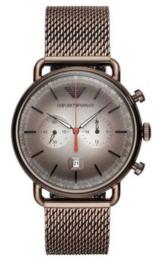 Emporio Armani Aviator AR11169 brown mesh chronograph watch with gray dial and date window