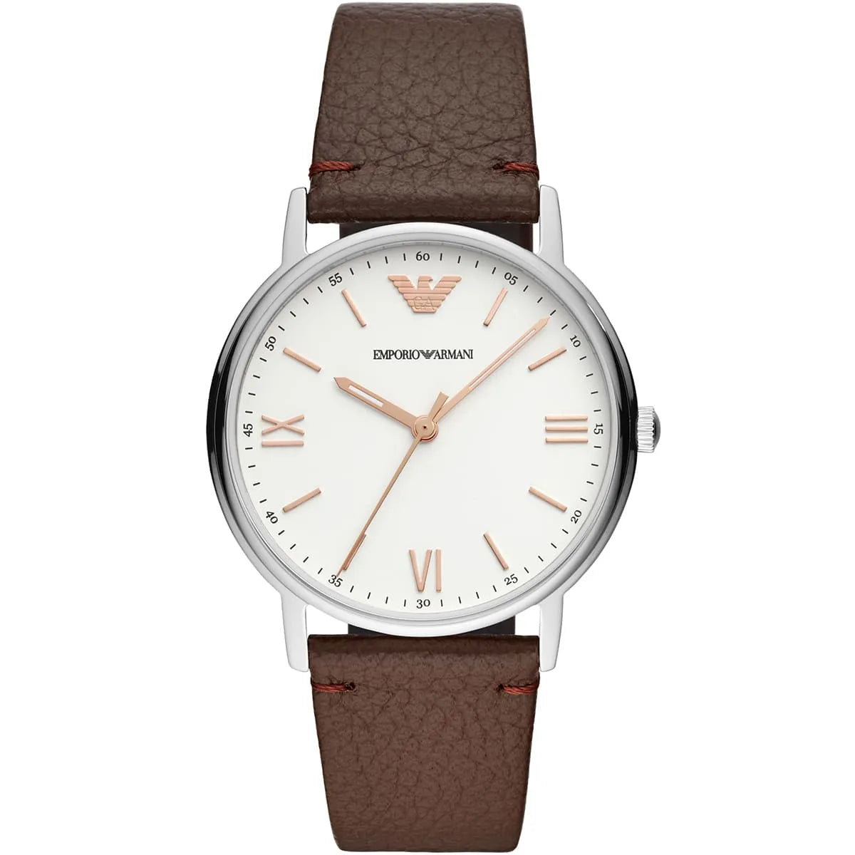 Emporio Armani Kappa AR11173 white dial watch with rose gold indices and brown leather strap