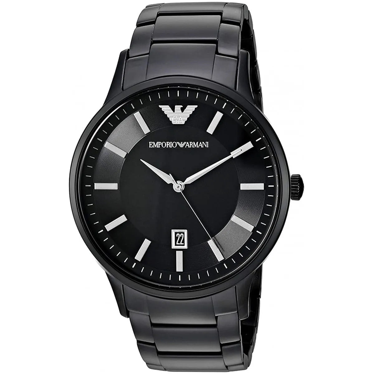 Three-quarter view of Emporio Armani Renato watch showing black metal strap and dial detail