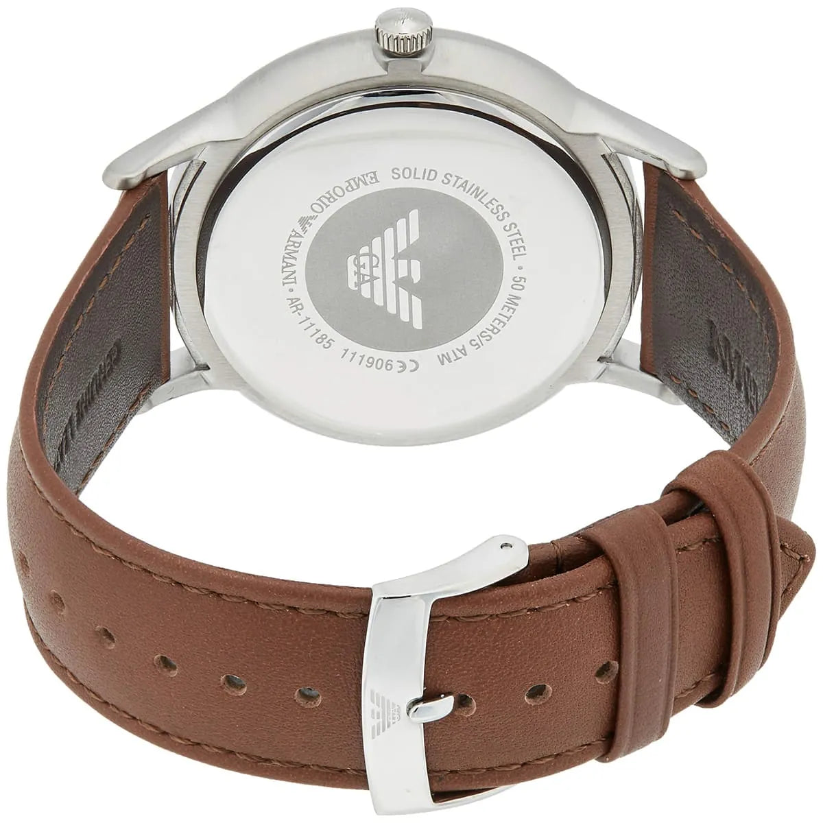 Emporio Armani Renato caseback with engraved eagle logo and specifications