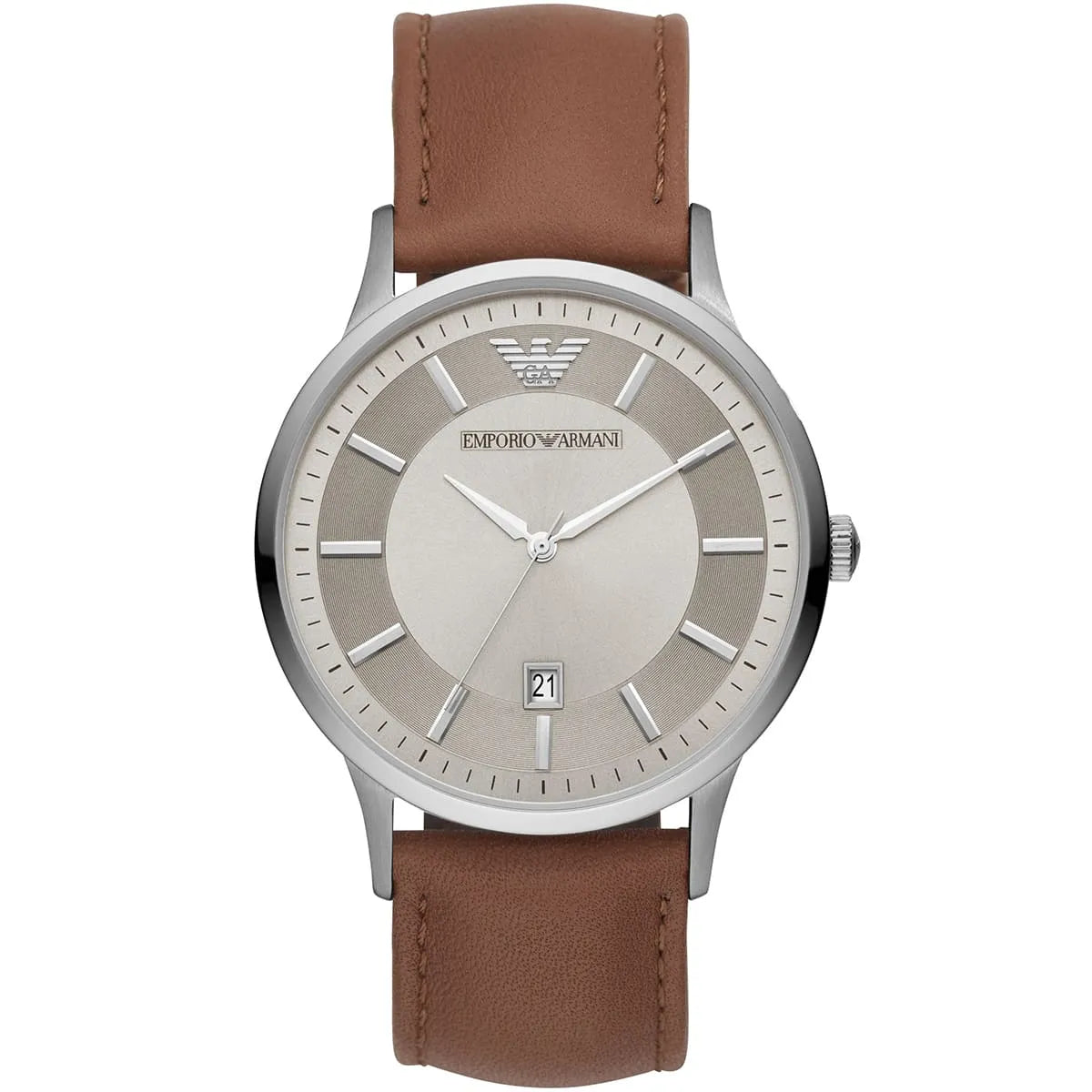 Emporio Armani Renato silver dial with date window and brown leather strap
