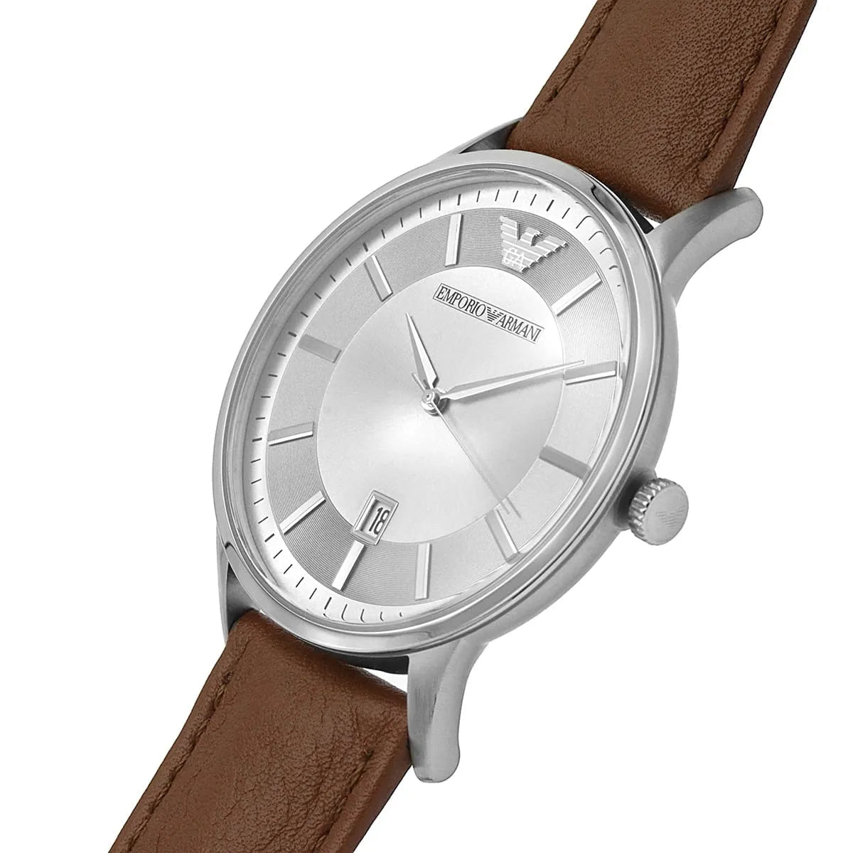 Emporio Armani Renato watch on wrist with brown leather strap