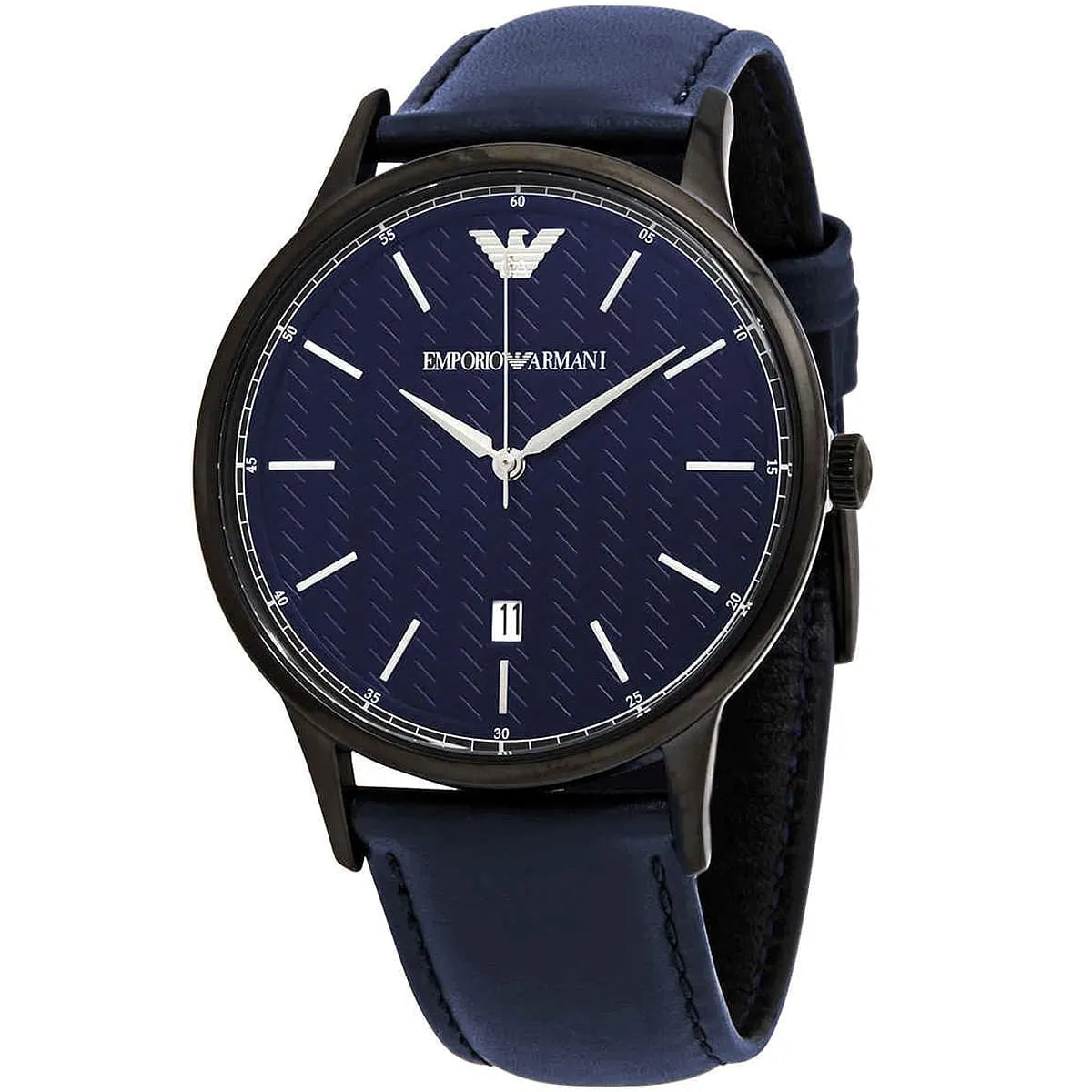 Emporio Armani Renato AR11190 angled view showing blue leather strap and textured dial