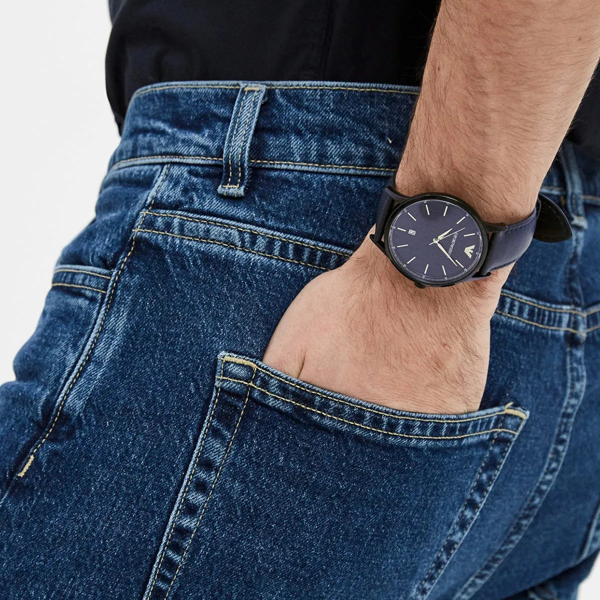 Emporio Armani Renato AR11190 watch worn on wrist with blue dial and blue leather strap