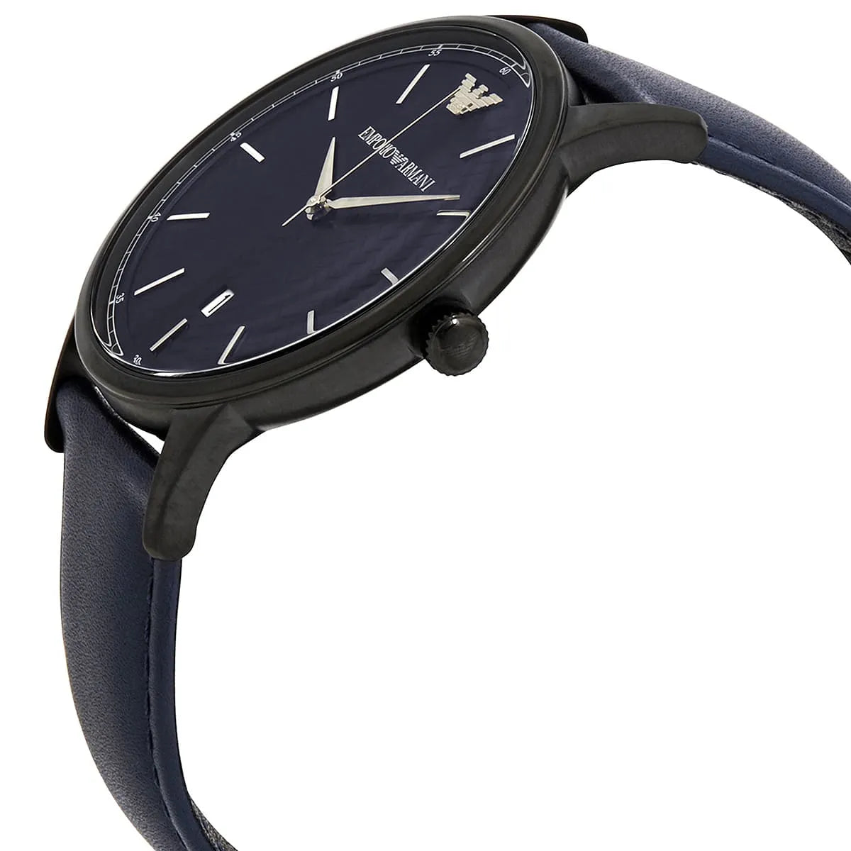 Emporio Armani Renato AR11190 side profile with black case and blue leather strap