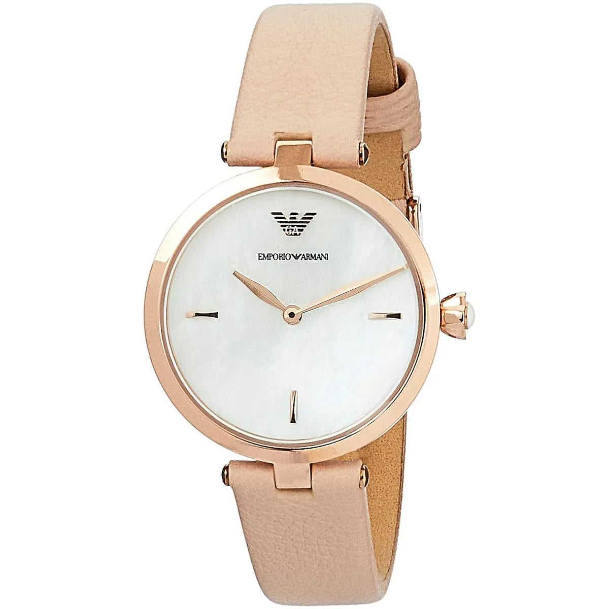 Emporio Armani Arianna watch three-quarter view showing round dial and pink leather strap