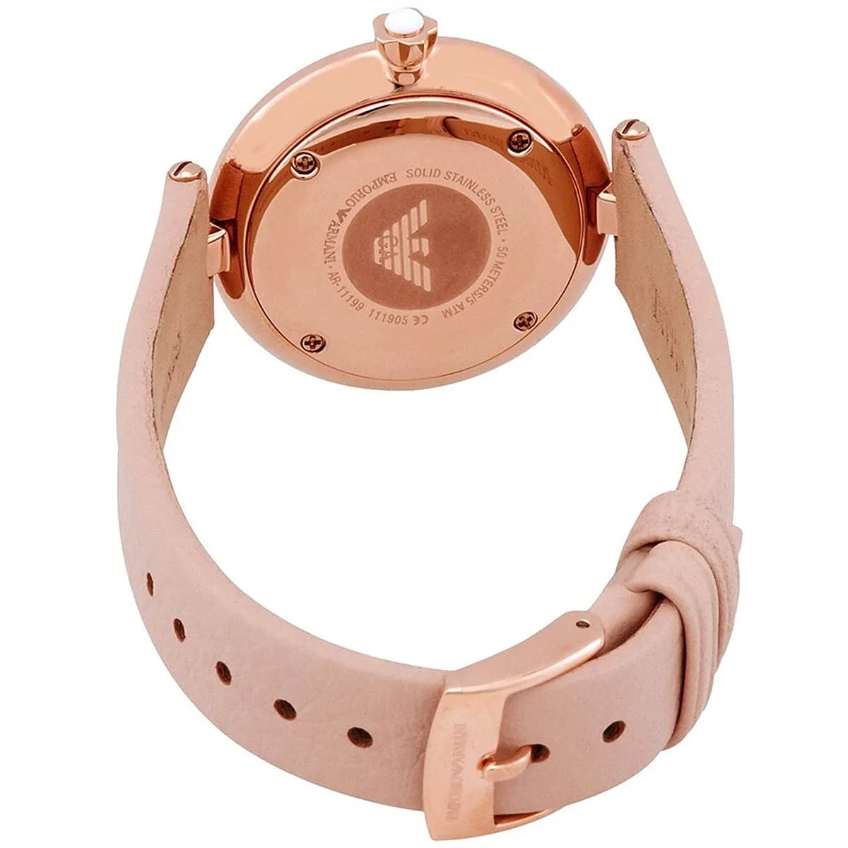 Emporio Armani Arianna caseback detail with eagle logo and watch specifications engraved