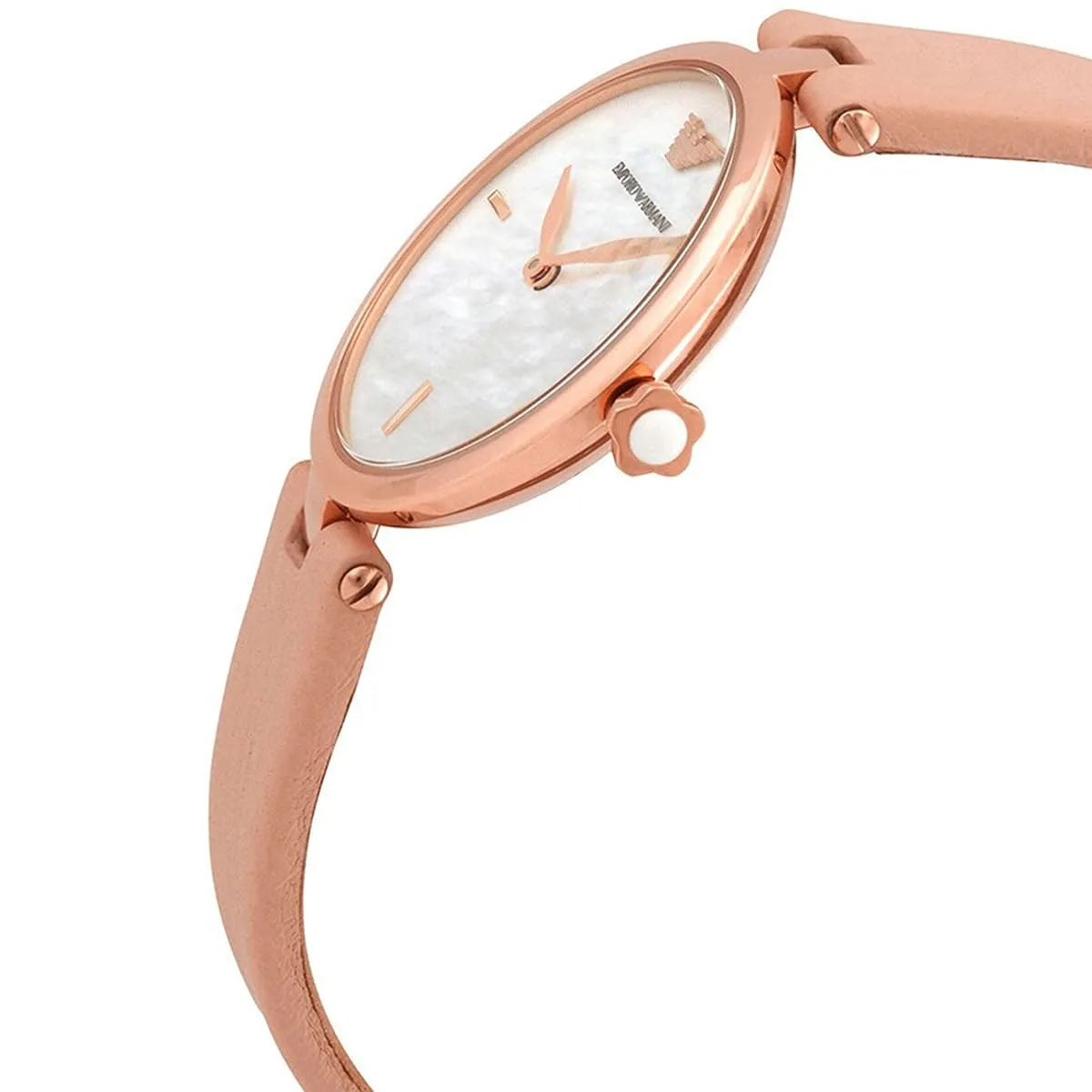 Emporio Armani Arianna side view of rose-gold case and white dial with leather strap
