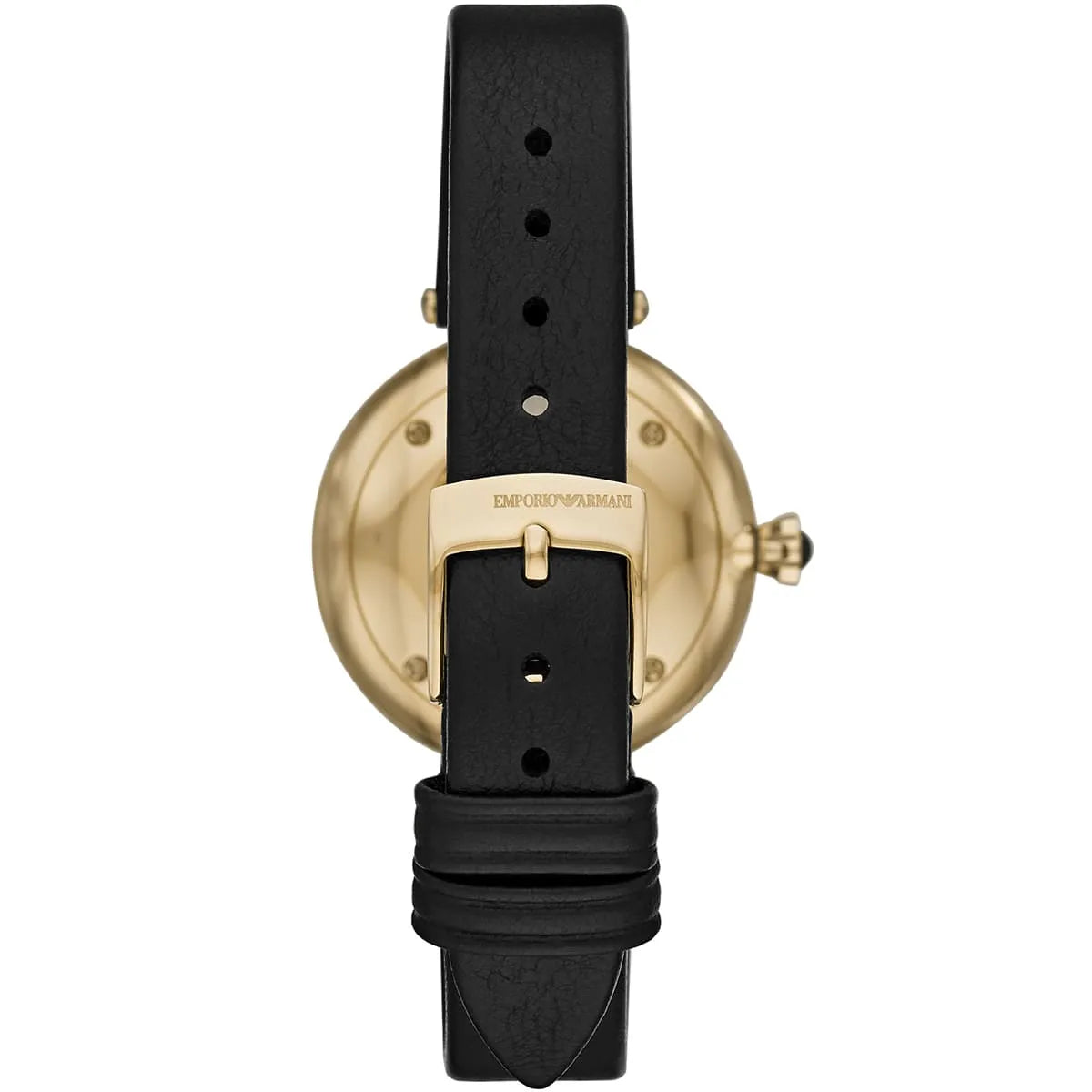 Emporio Armani Arianna caseback showing gold-tone case and black leather strap attachment