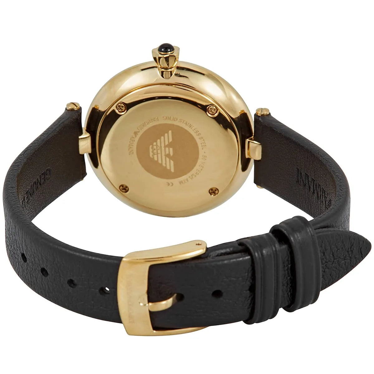 Emporio Armani Arianna black leather strap with gold-tone buckle and watch case profile