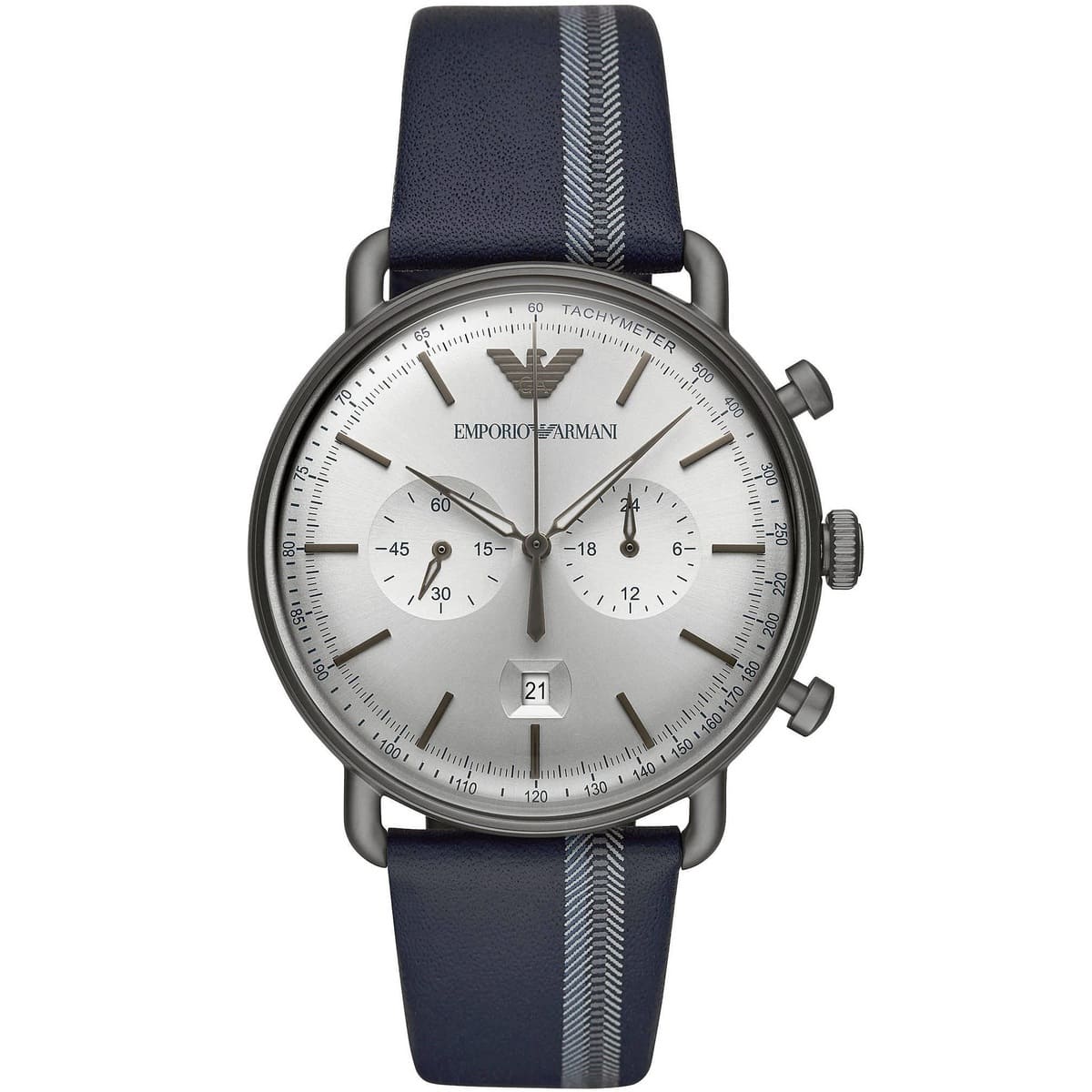 Emporio Armani AR11202 men's aviator chronograph watch with silver dial and blue leather strap