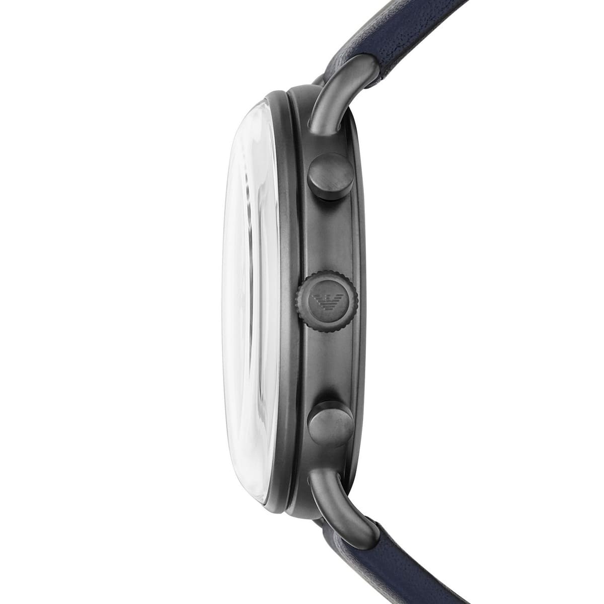AR11202 watch profile showing case thickness, chronograph pushers, and navy leather strap