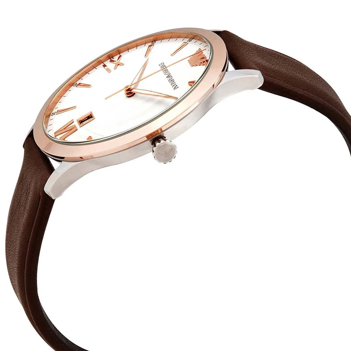 Emporio Armani Giovanni watch side angle with brown leather strap detail