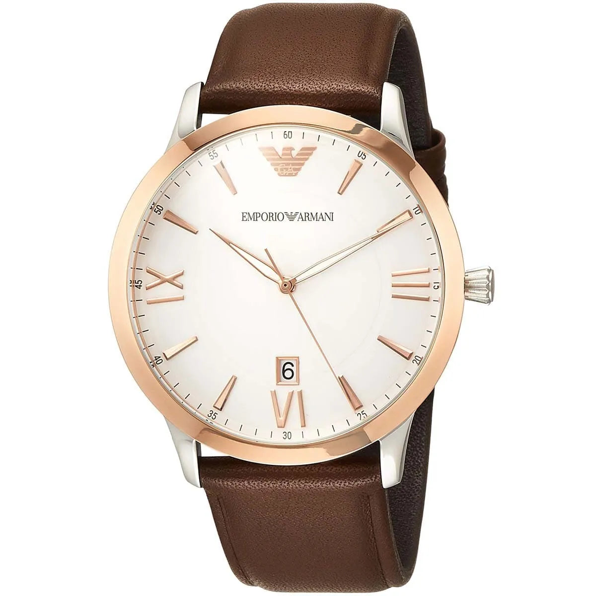 Emporio Armani Giovanni watch angled view showing white dial and brown leather band